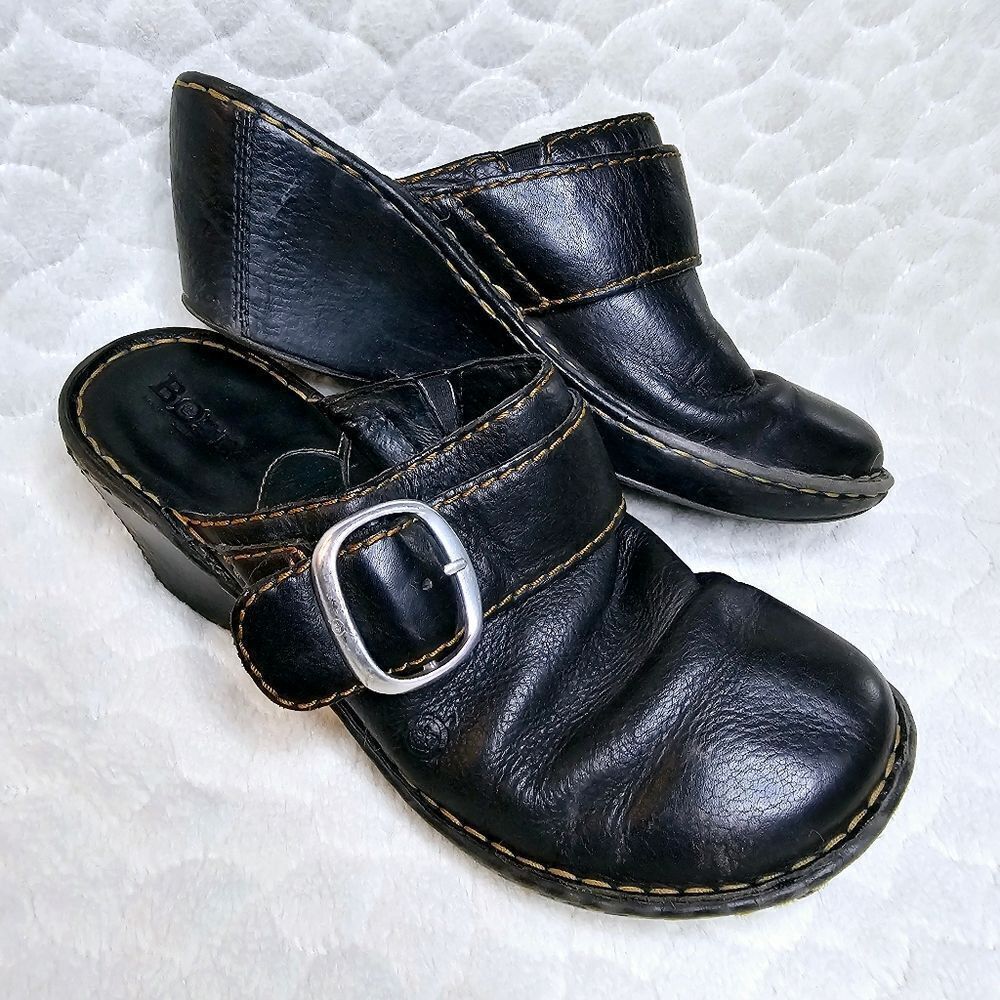 Born black leather mules clogs slip ons wedge heel 8 39